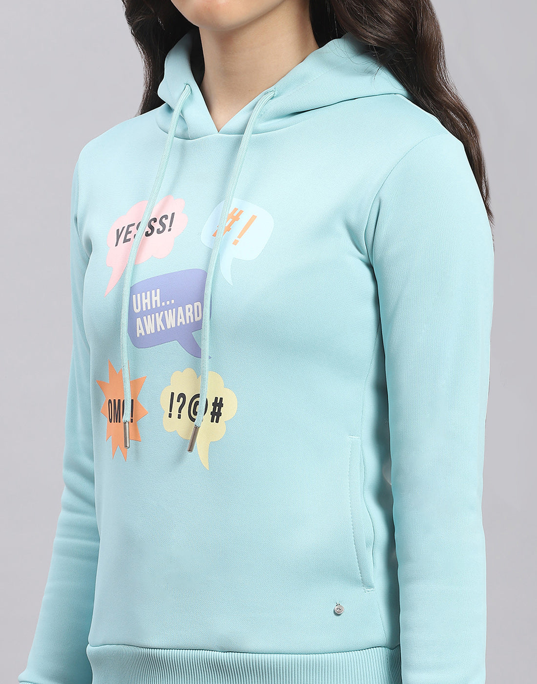 Girls Turquoise Blue Printed Hooded Full Sleeve Sweatshirt
