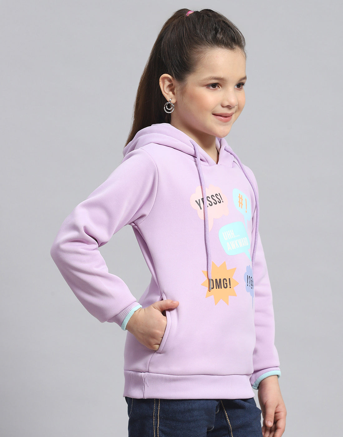 Girls Purple Printed Hooded Full Sleeve Sweatshirt