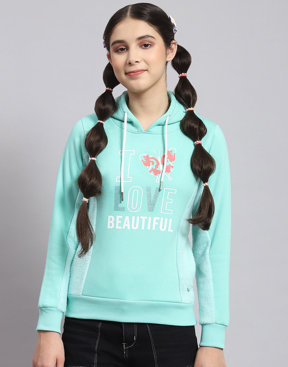 Girls Turquoise Blue Printed Hooded Full Sleeve Sweatshirt
