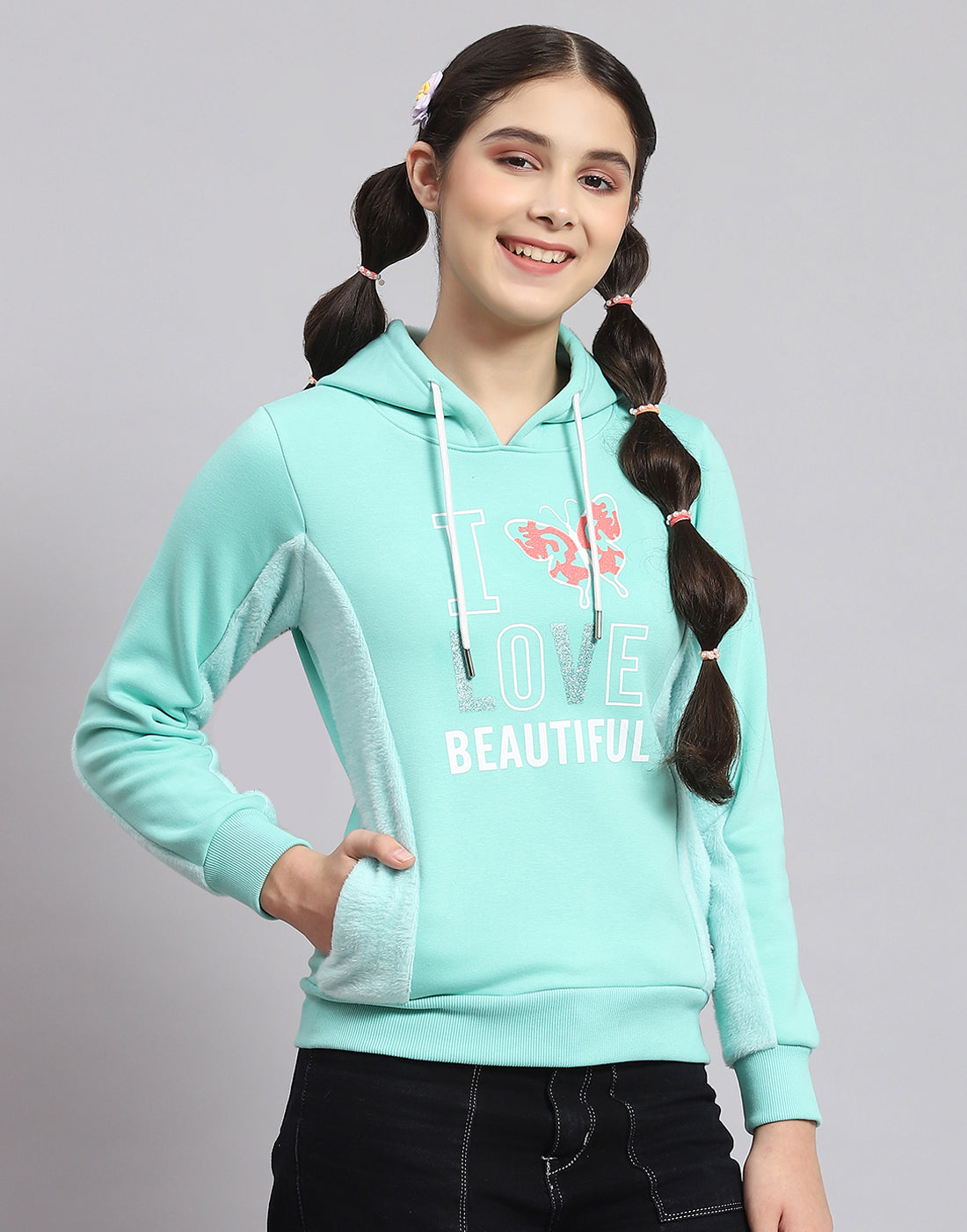 Girls Turquoise Blue Printed Hooded Full Sleeve Sweatshirt