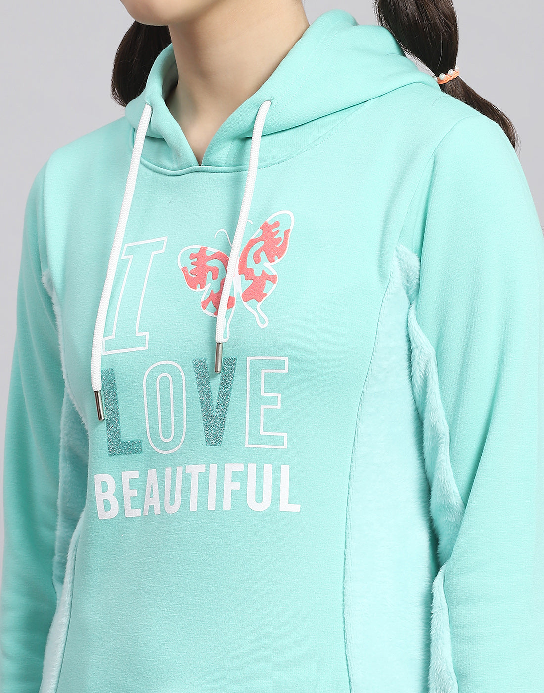Girls Turquoise Blue Printed Hooded Full Sleeve Sweatshirt
