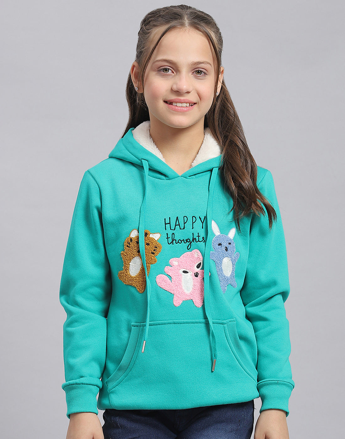 Girls Turquoise Blue Embroidered Hooded Full Sleeve Sweatshirt