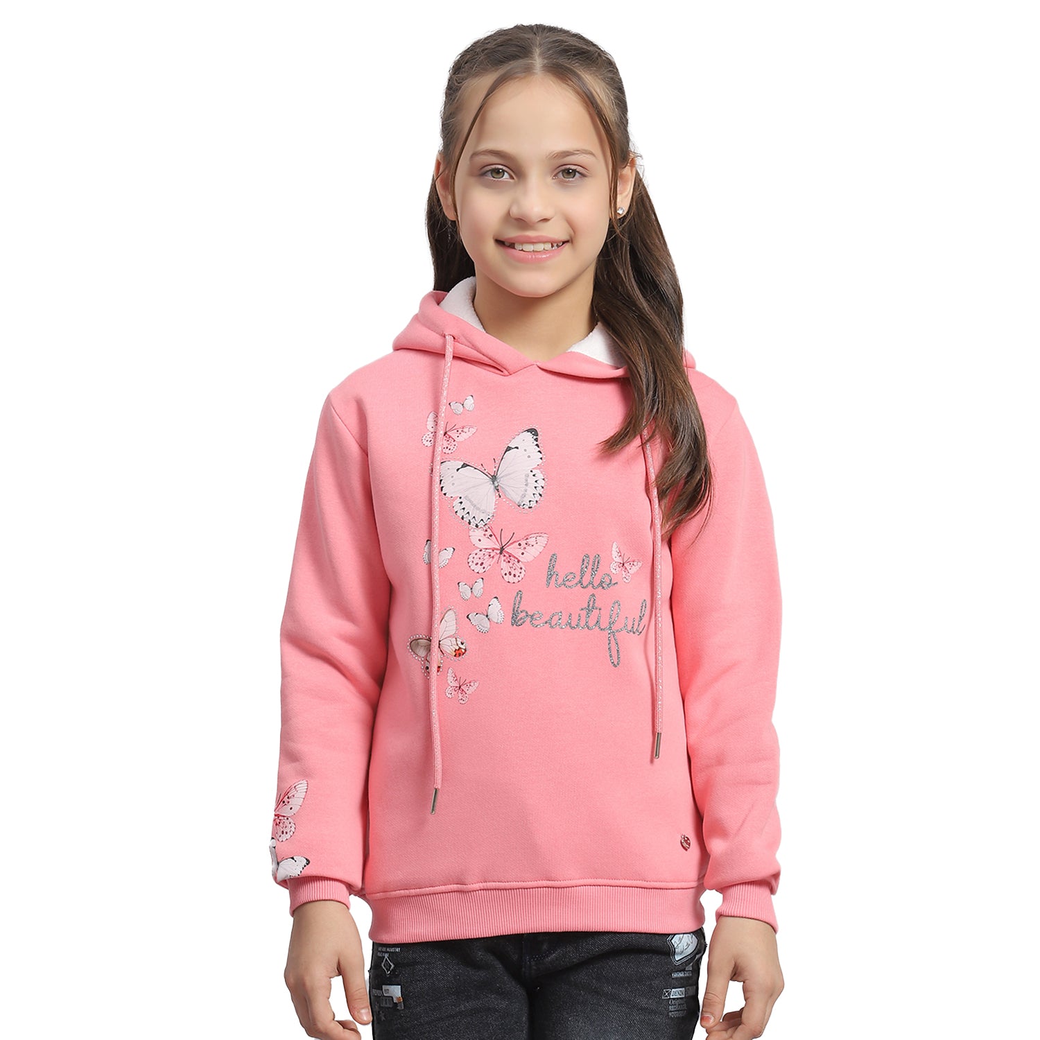 Girls Pink Printed Hooded Full Sleeve Sweatshirt