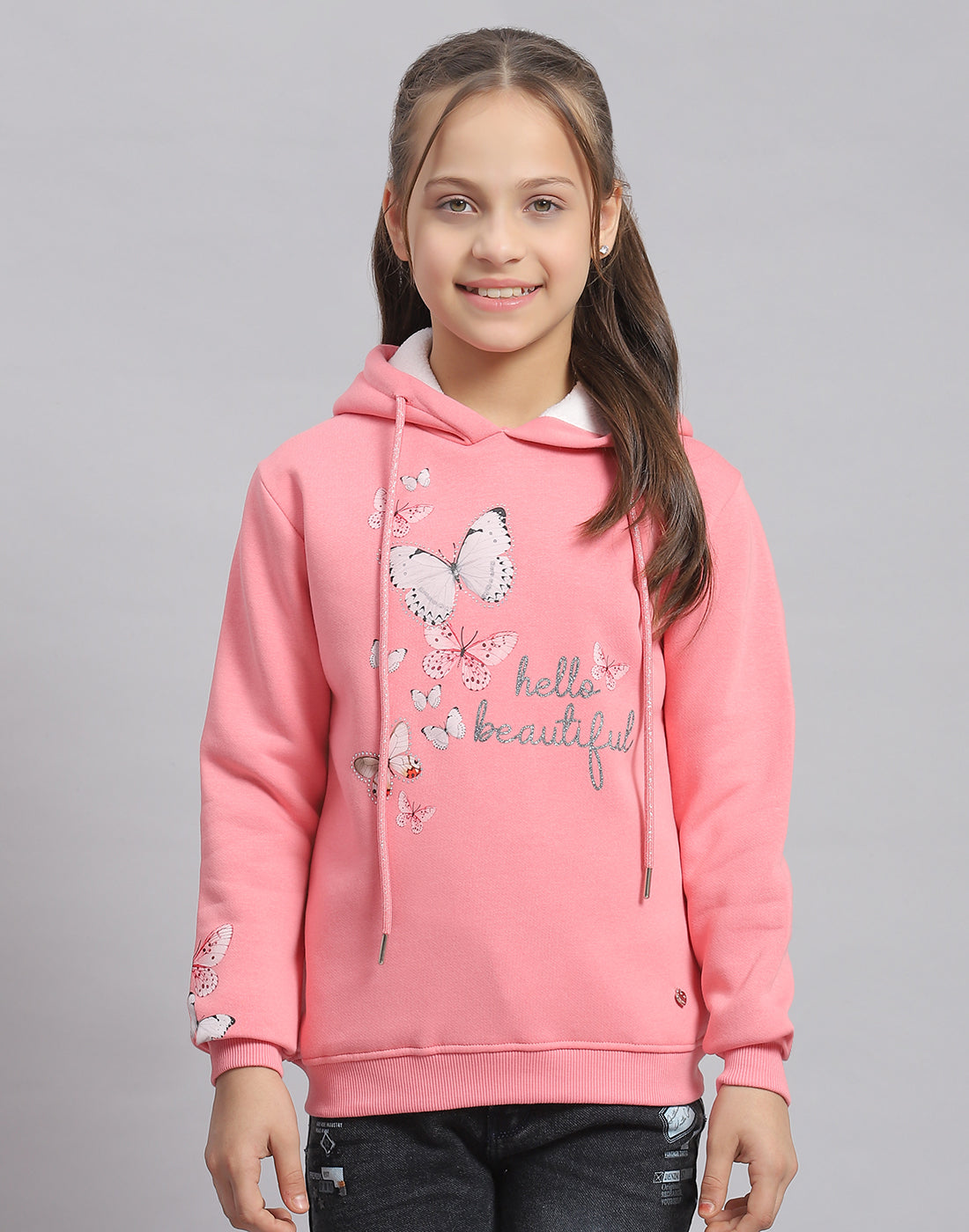 Girls Pink Printed Hooded Full Sleeve Sweatshirt
