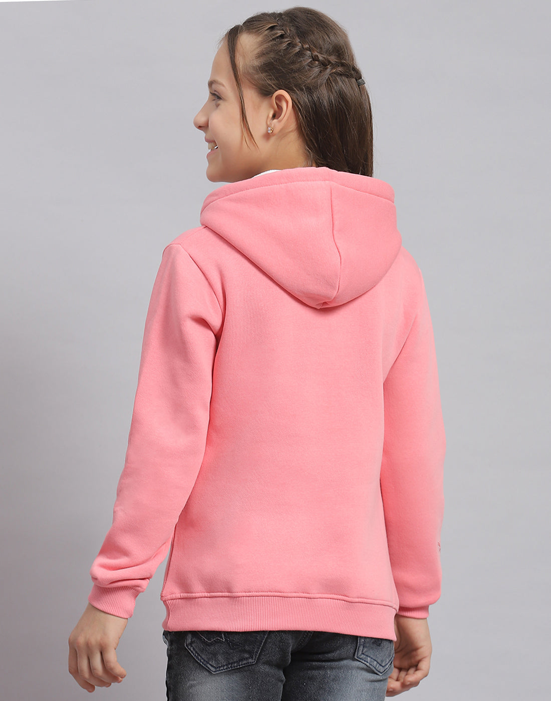 Girls Pink Printed Hooded Full Sleeve Sweatshirt
