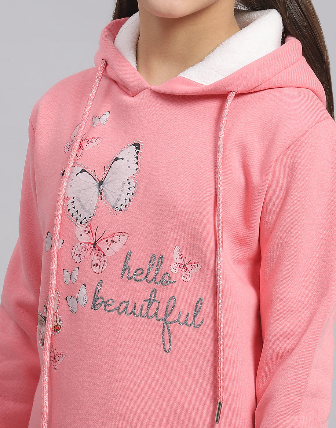 Girls Pink Printed Hooded Full Sleeve Sweatshirt