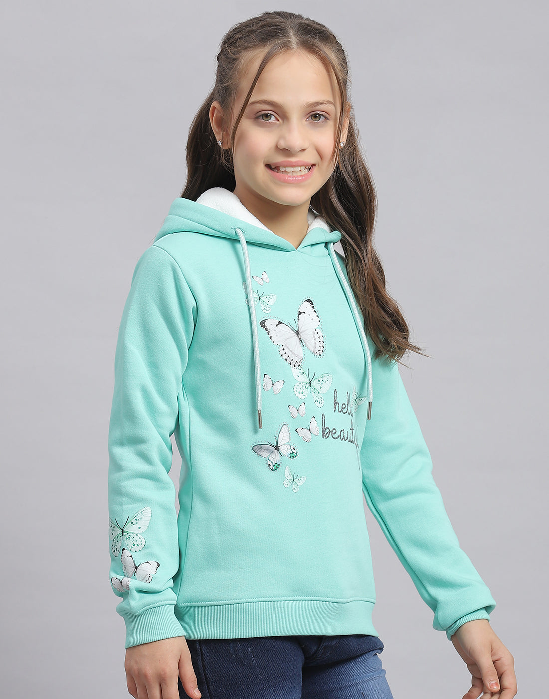Girls Turquoise Blue Printed Hooded Full Sleeve Sweatshirt