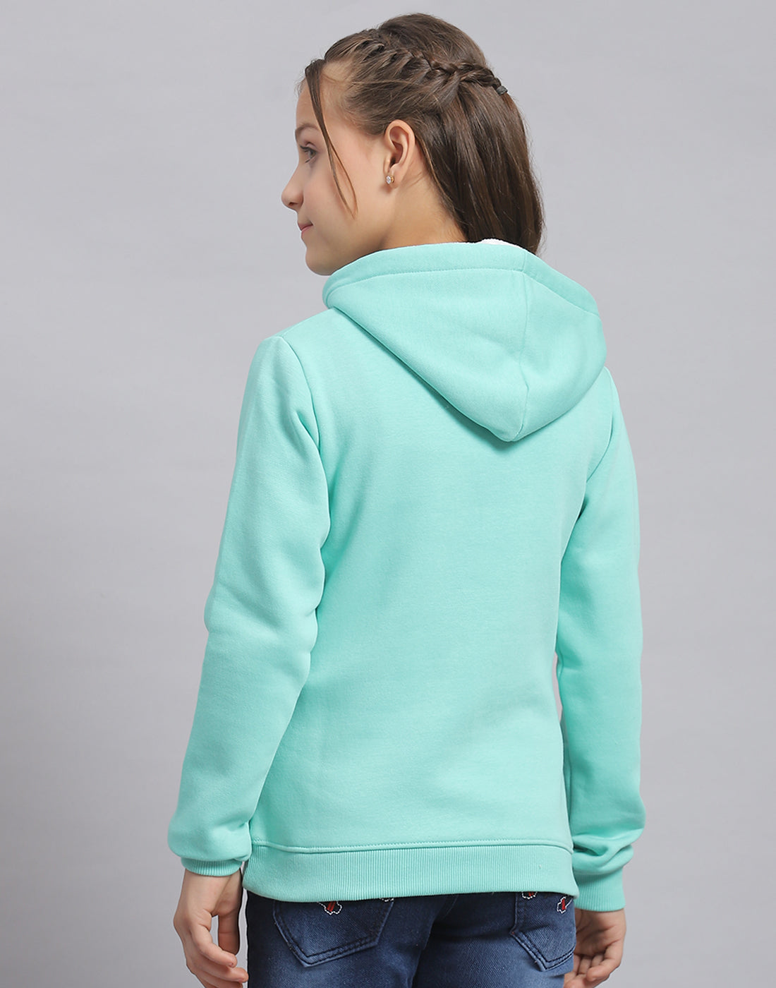 Girls Turquoise Blue Printed Hooded Full Sleeve Sweatshirt