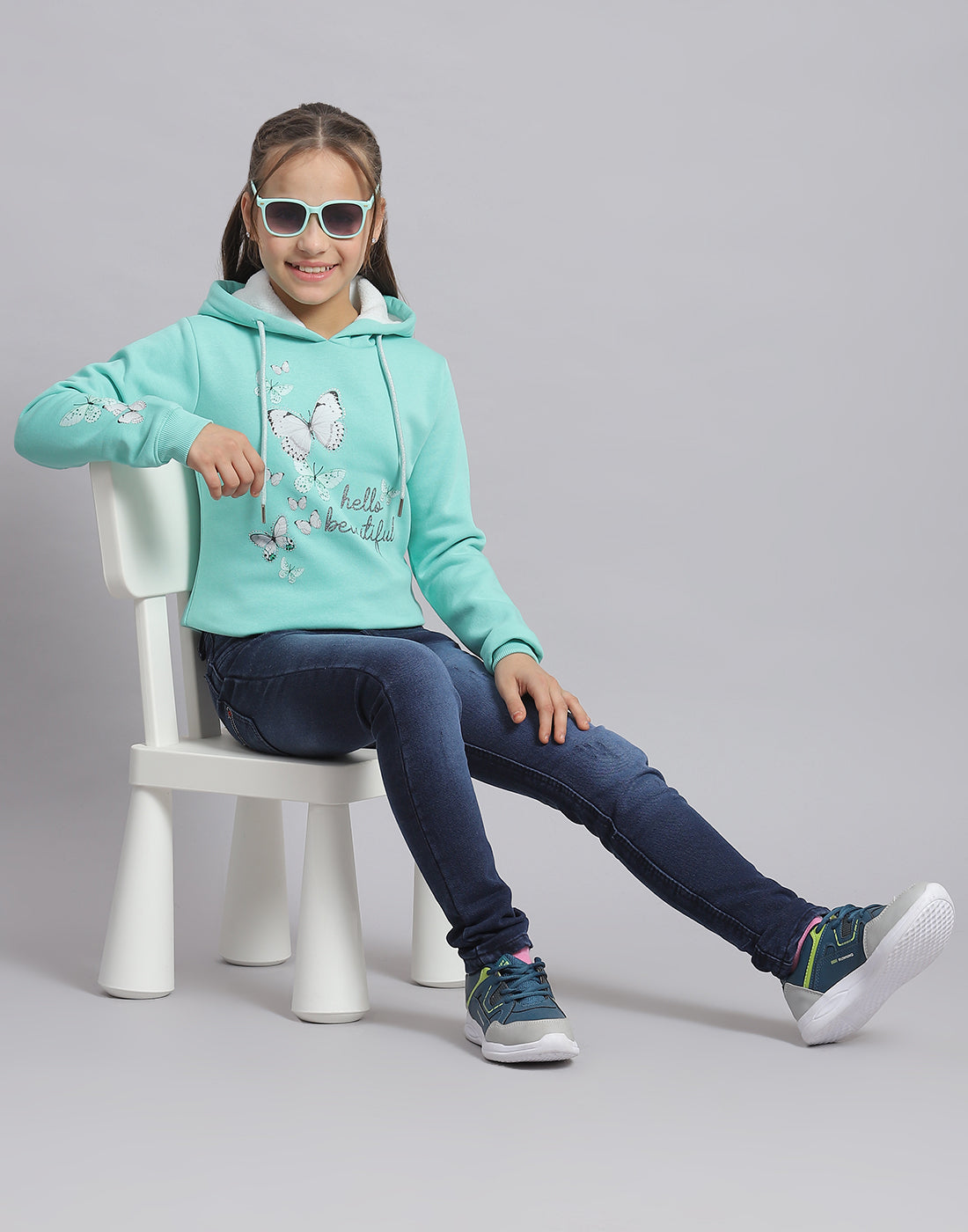 Girls Turquoise Blue Printed Hooded Full Sleeve Sweatshirt