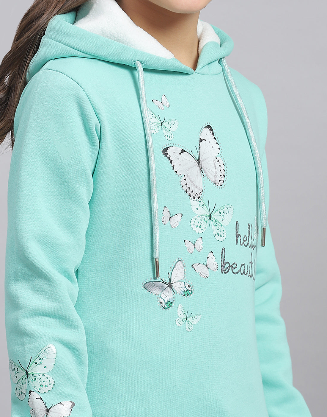 Girls Turquoise Blue Printed Hooded Full Sleeve Sweatshirt