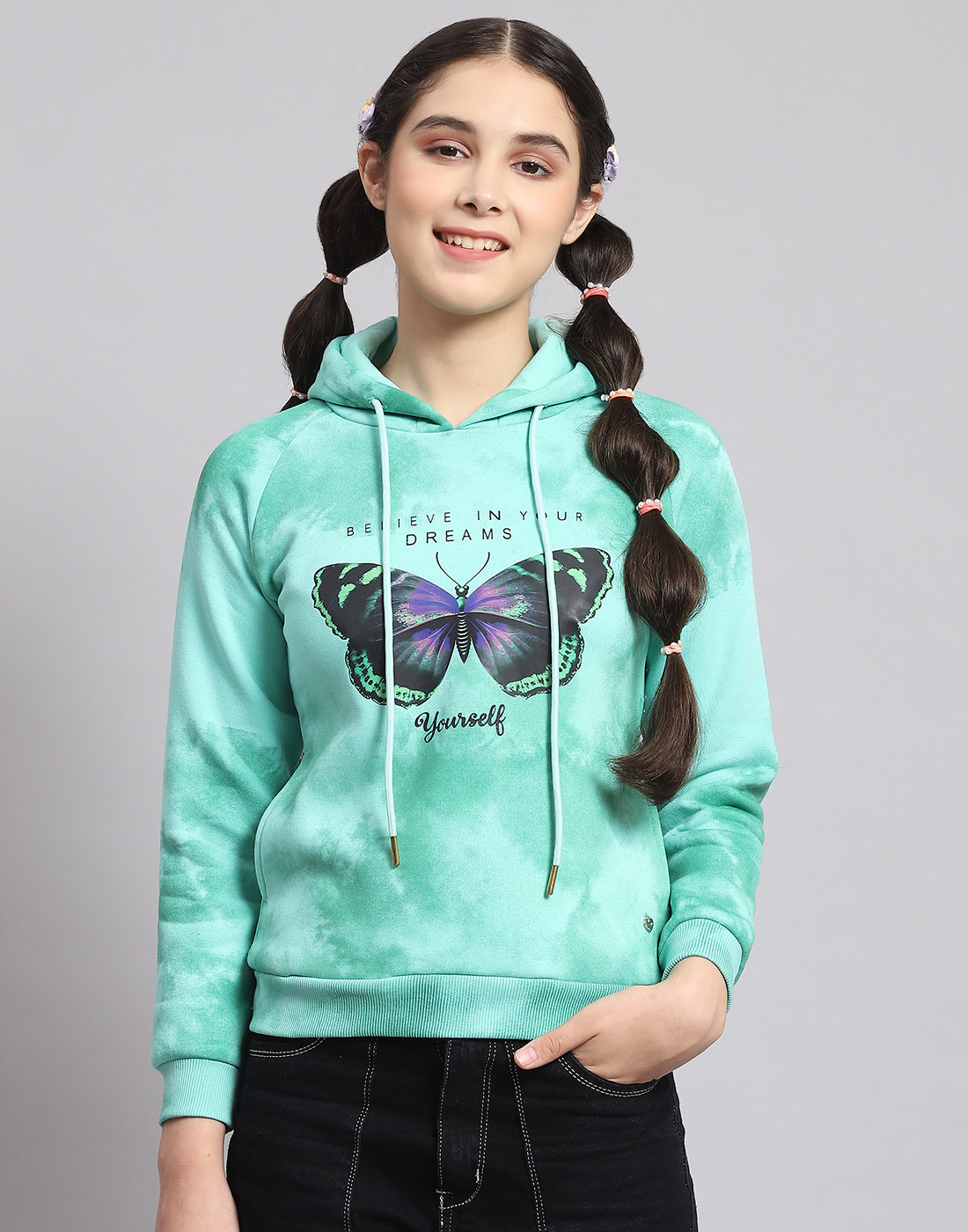 Girls Turquoise Blue Printed Hooded Full Sleeve Sweatshirt