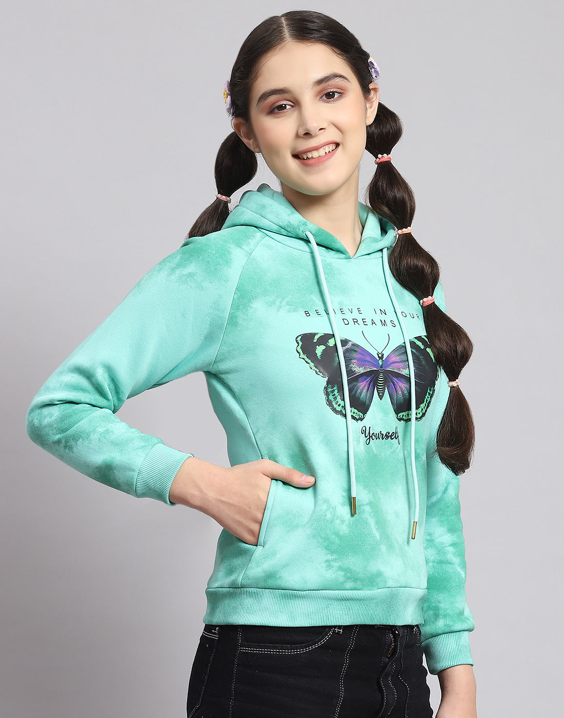 Girls Turquoise Blue Printed Hooded Full Sleeve Sweatshirt