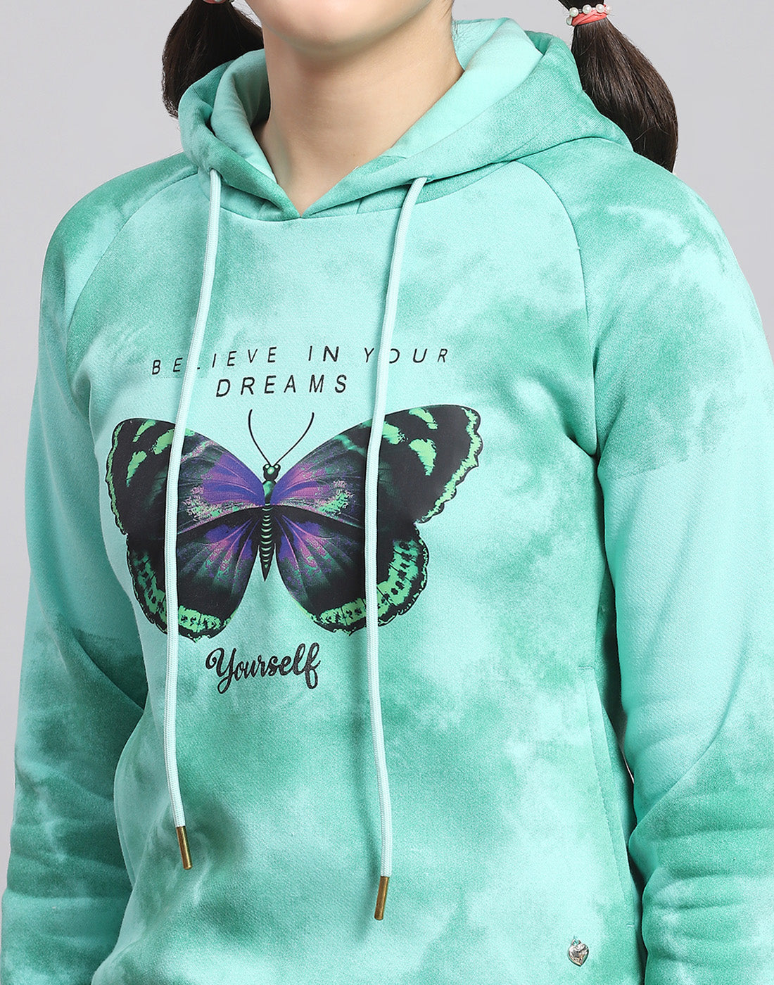 Girls Turquoise Blue Printed Hooded Full Sleeve Sweatshirt