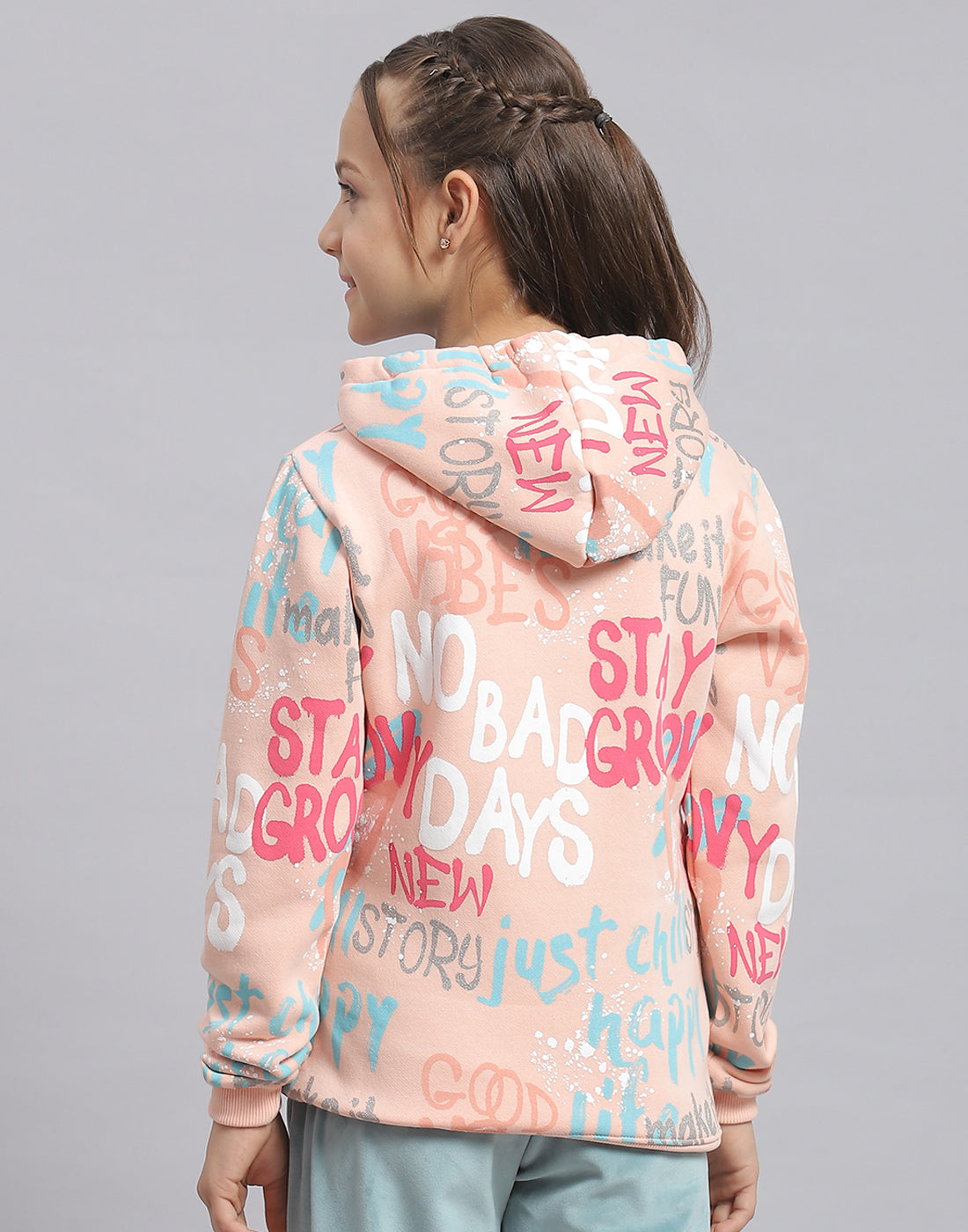 Girls Peach Printed Hooded Full Sleeve Sweatshirt