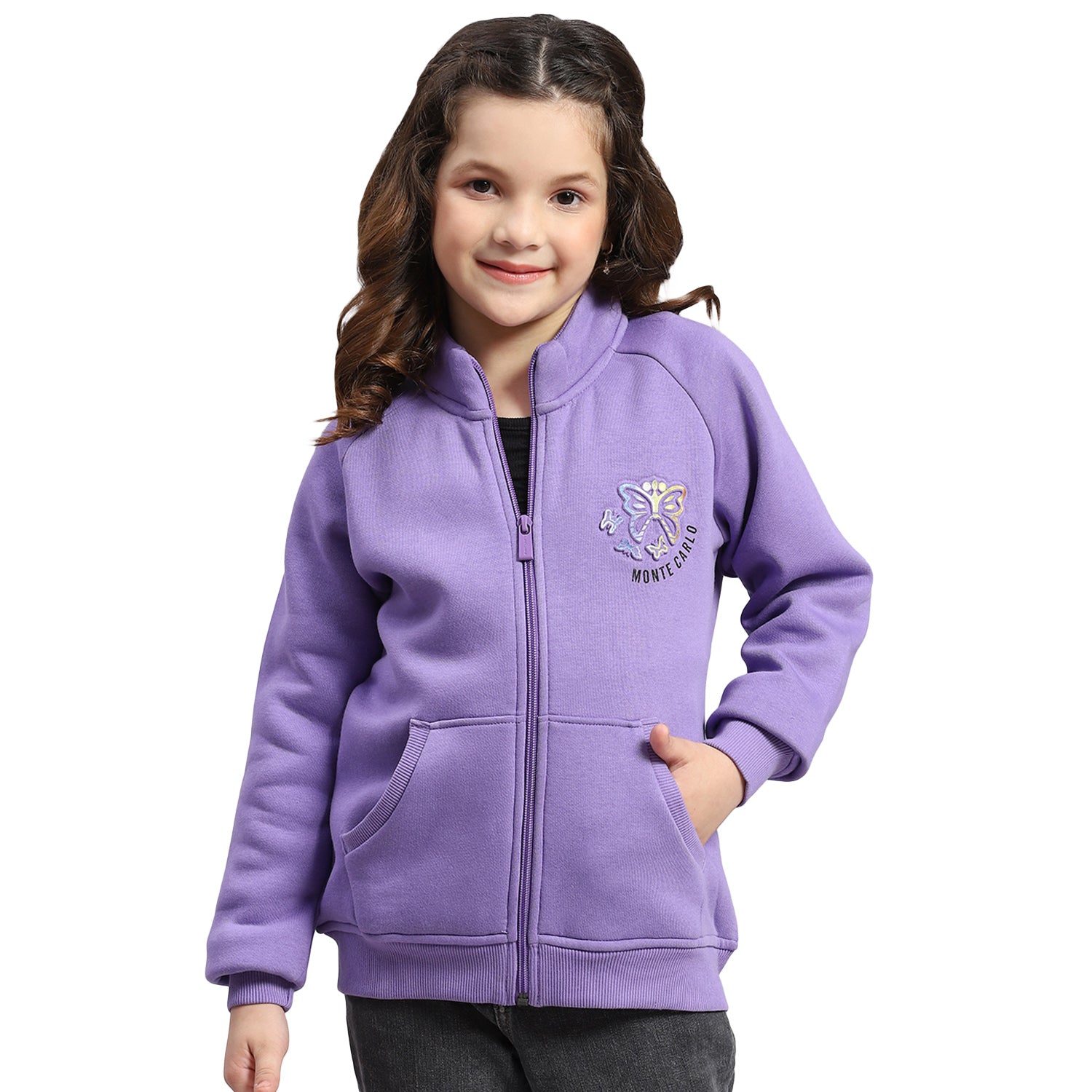 Girls Purple Printed Stand Collar Full Sleeve Sweatshirt
