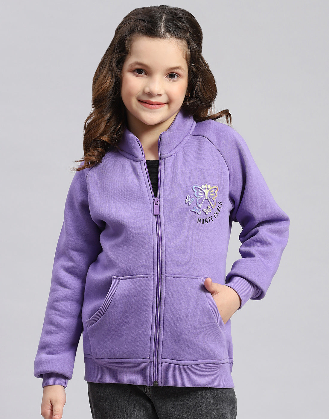 Girls Purple Printed Stand Collar Full Sleeve Sweatshirt