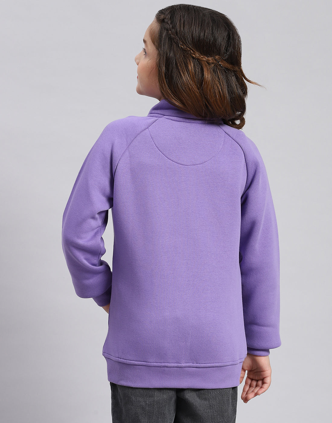 Girls Purple Printed Stand Collar Full Sleeve Sweatshirt