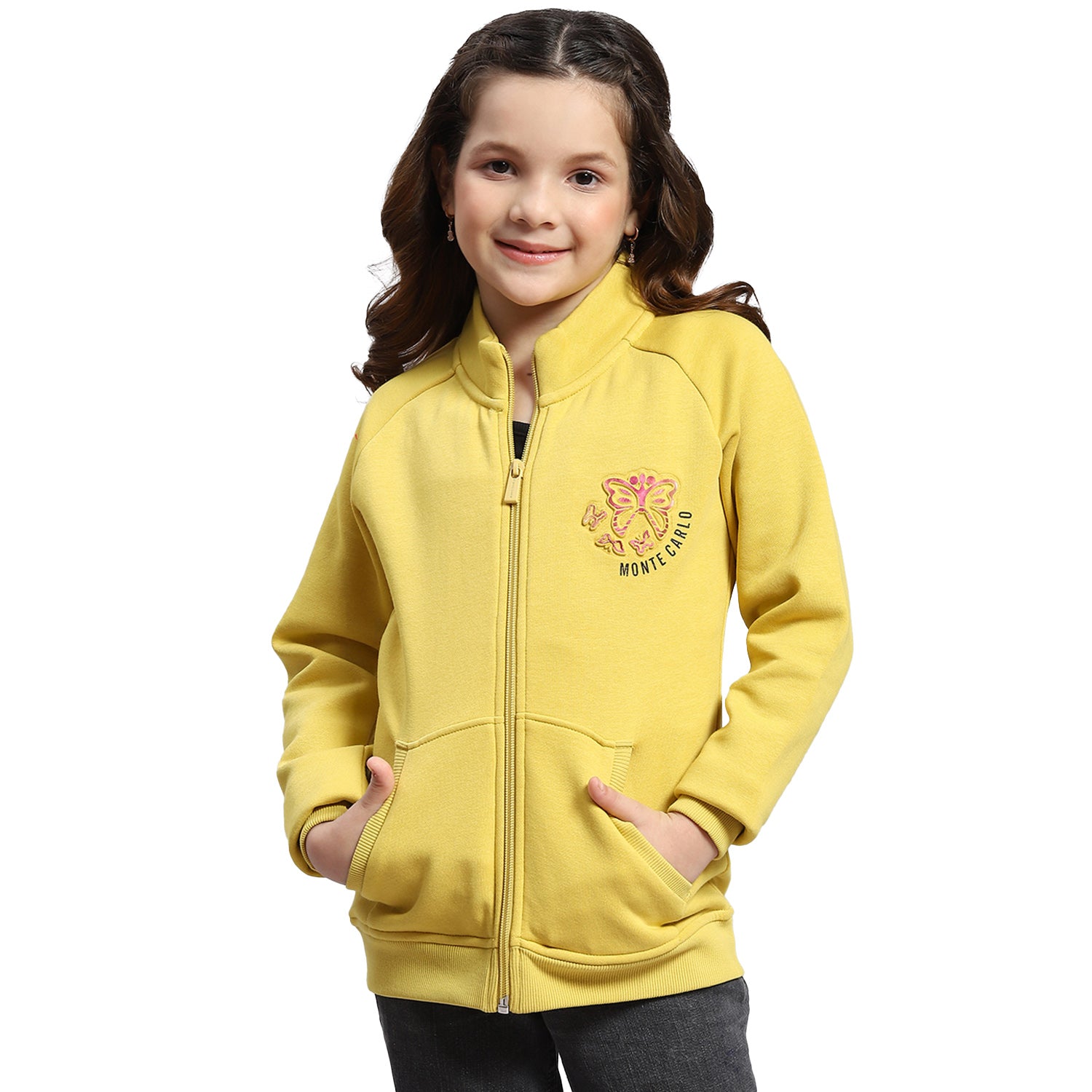 Girls Yellow Printed Stand Collar Full Sleeve Sweatshirt