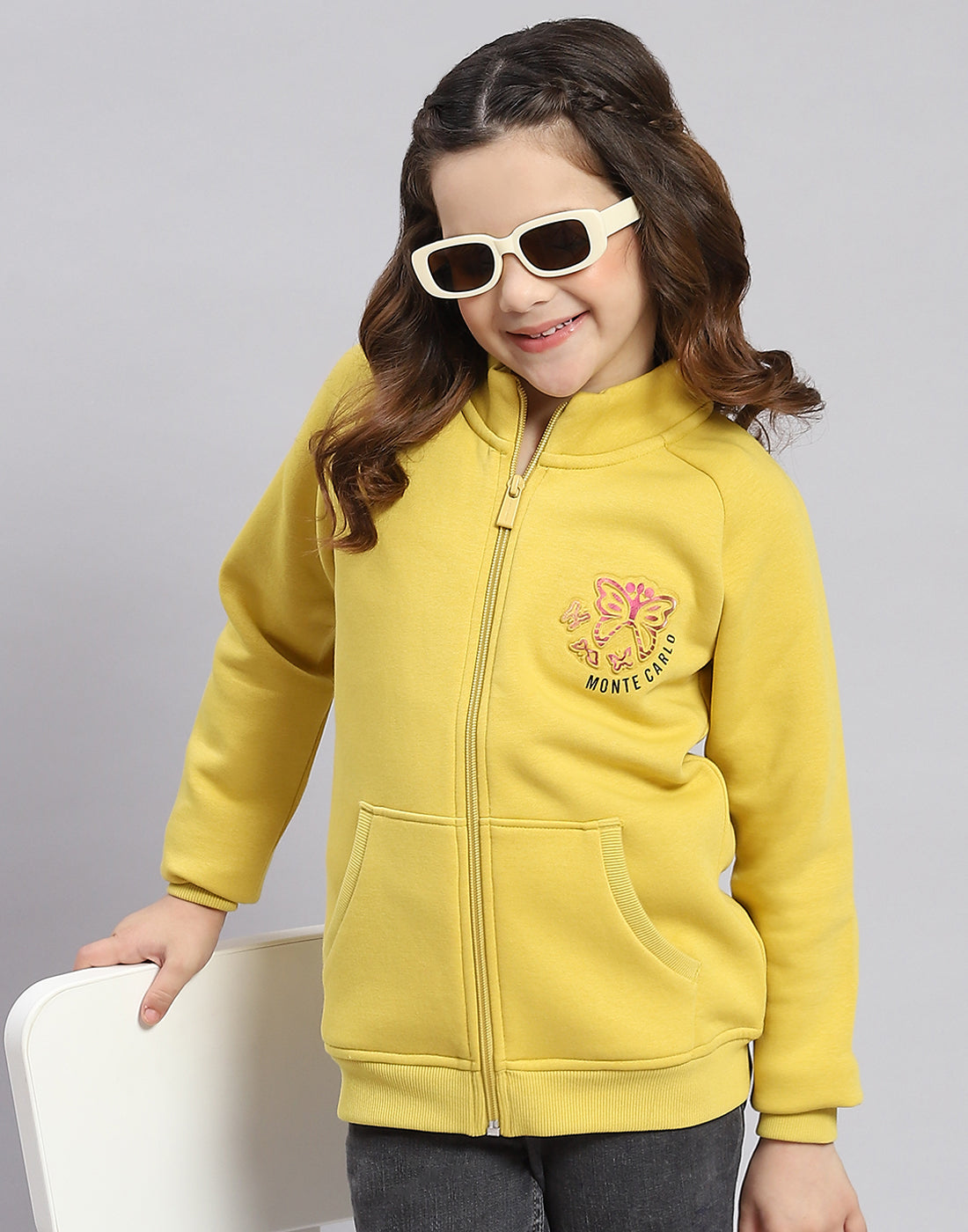 Girls Yellow Printed Stand Collar Full Sleeve Sweatshirt