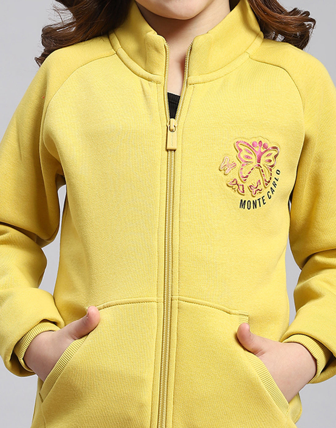 Girls Yellow Printed Stand Collar Full Sleeve Sweatshirt