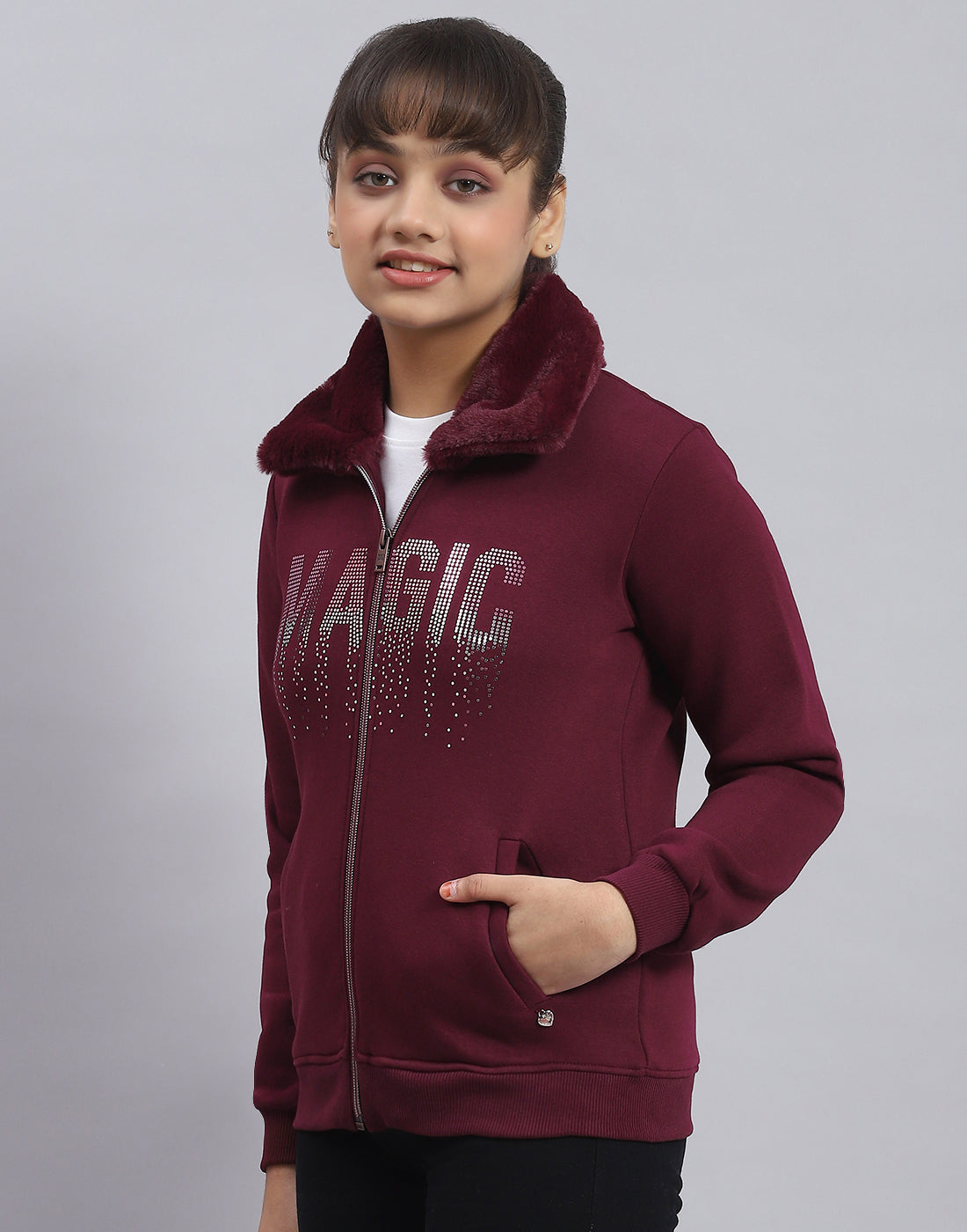 Girls Maroon Printed Collar Full Sleeve Sweatshirt