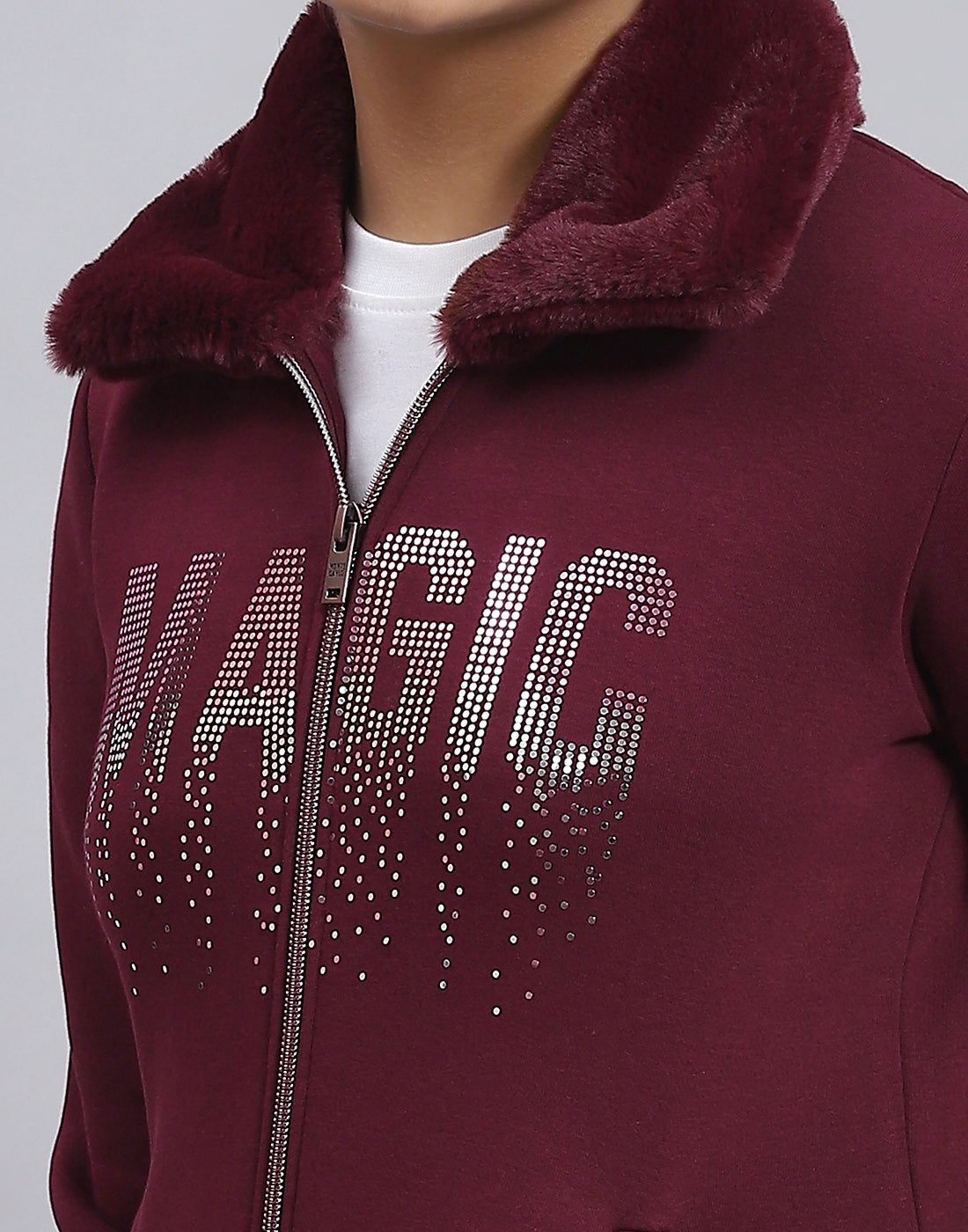 Girls Maroon Printed Collar Full Sleeve Sweatshirt