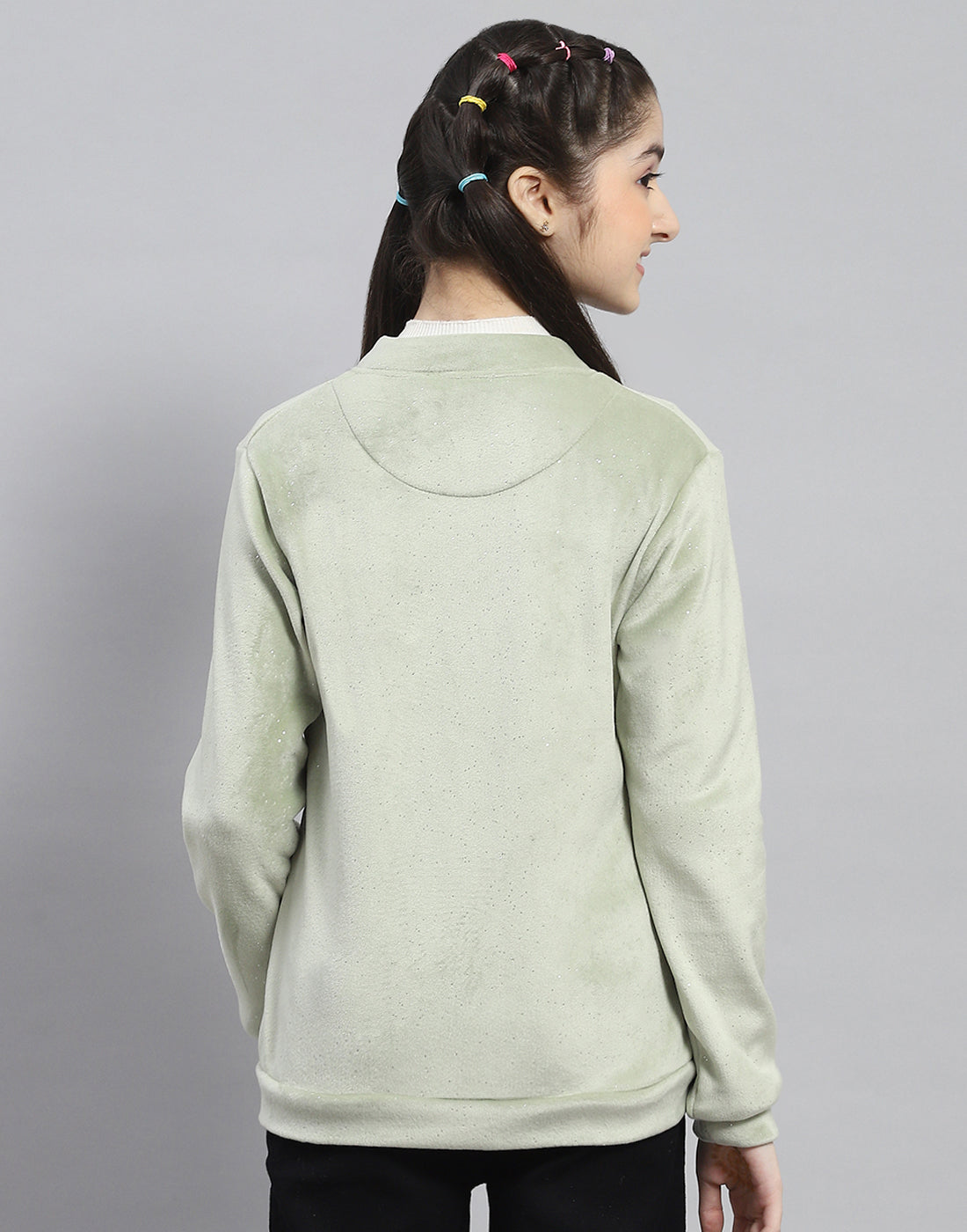 Girls Green Embellished Stand Collar Full Sleeve Sweatshirt
