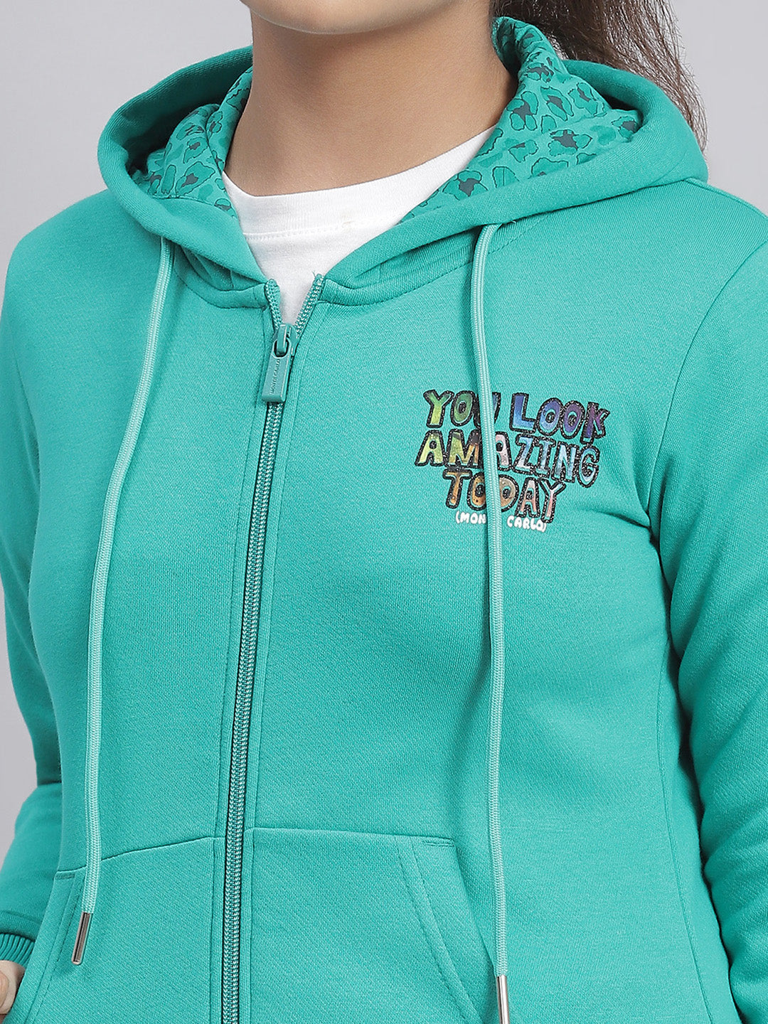 Girls Green Solid Hooded Full Sleeve Sweatshirt