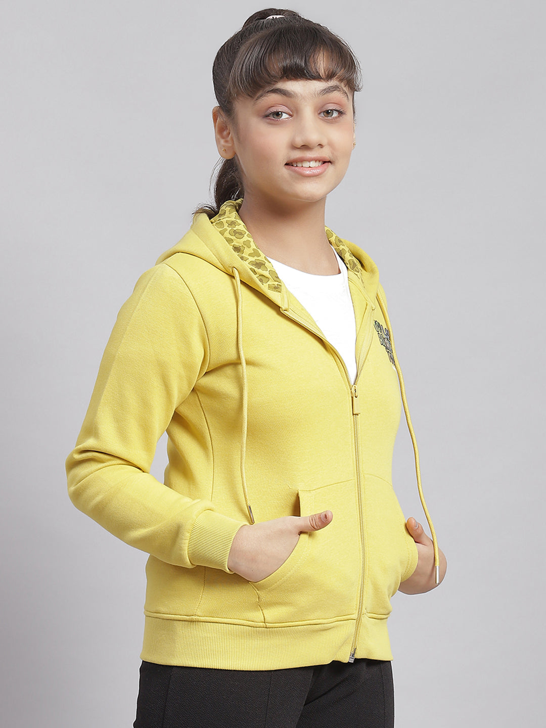 Girls Yellow Solid Hooded Full Sleeve Sweatshirt