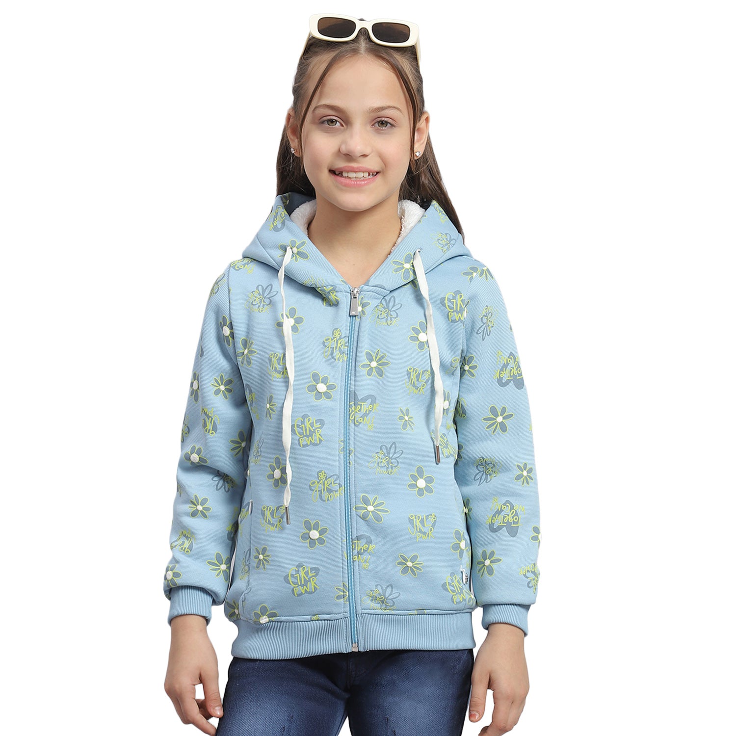 Girls Blue Printed Hooded Full Sleeve Sweatshirt