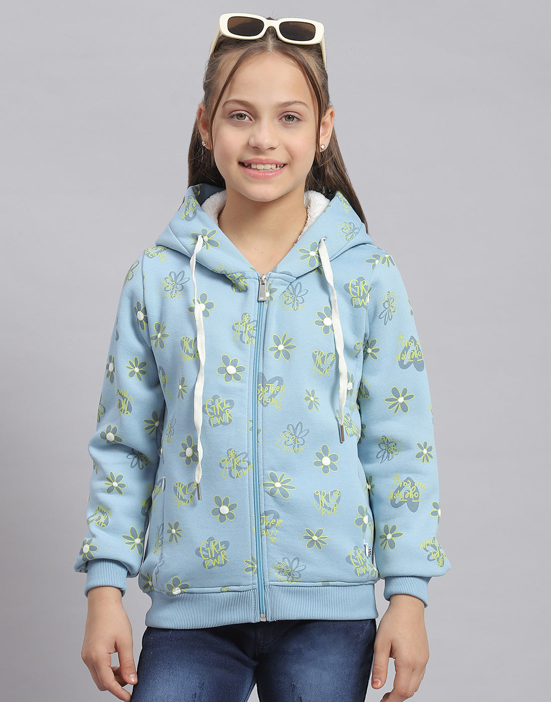 Girls Blue Printed Hooded Full Sleeve Sweatshirt