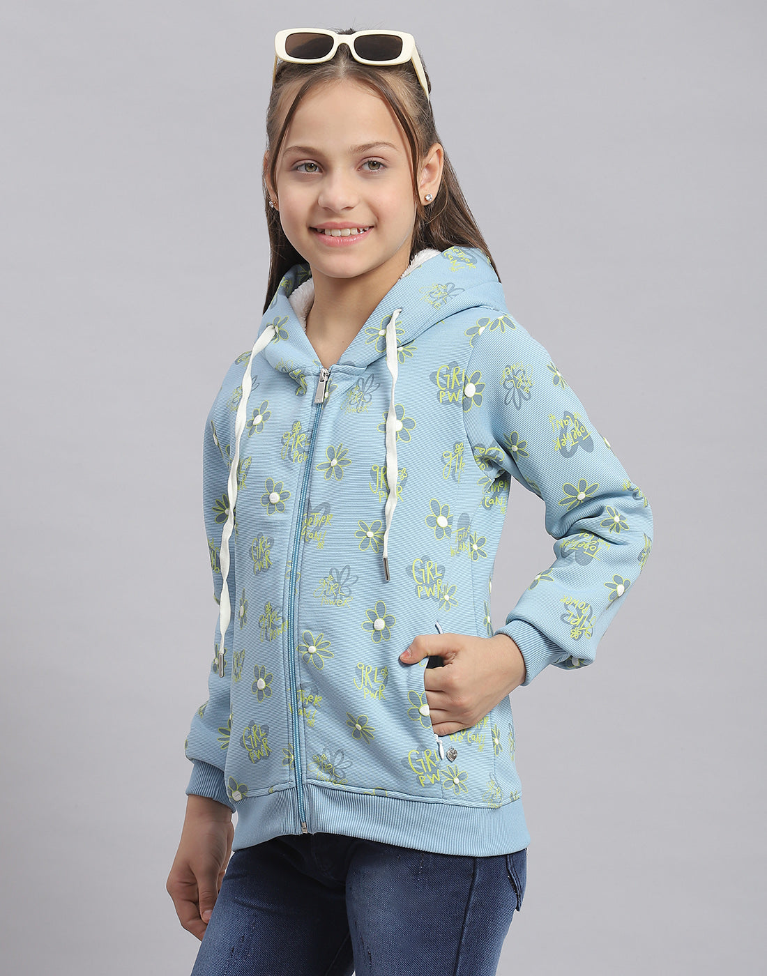 Girls Blue Printed Hooded Full Sleeve Sweatshirt