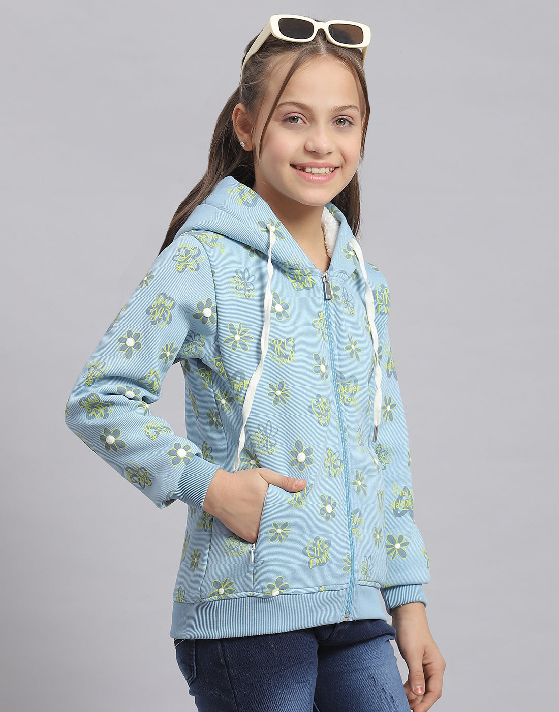 Girls Blue Printed Hooded Full Sleeve Sweatshirt
