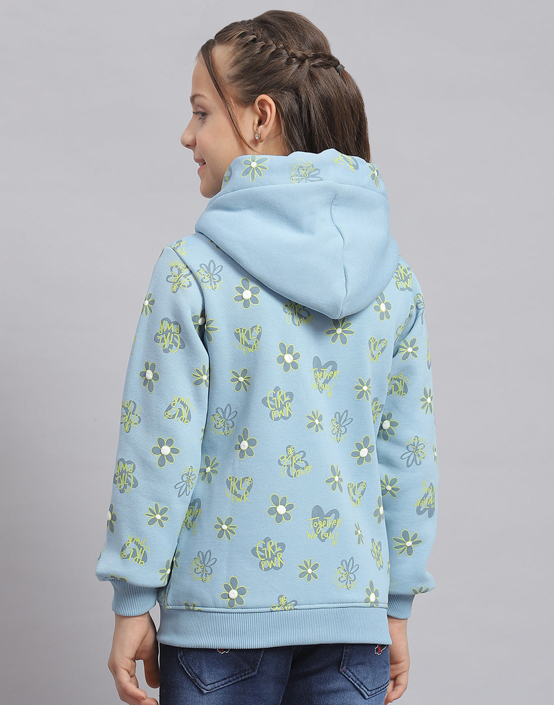 Girls Blue Printed Hooded Full Sleeve Sweatshirt