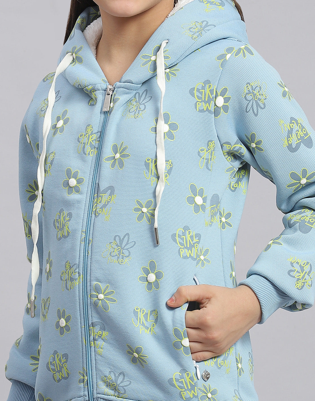 Girls Blue Printed Hooded Full Sleeve Sweatshirt