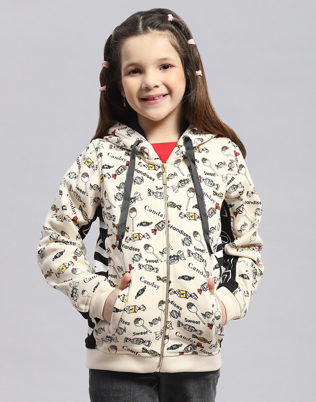 Girls Cream Printed Hooded Full Sleeve Sweatshirt