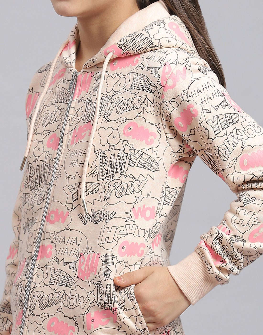 Girls Peach Printed Hooded Full Sleeve Sweatshirt