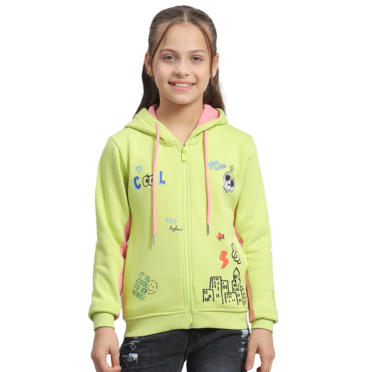 Girls Green Printed Hooded Full Sleeve Sweatshirt