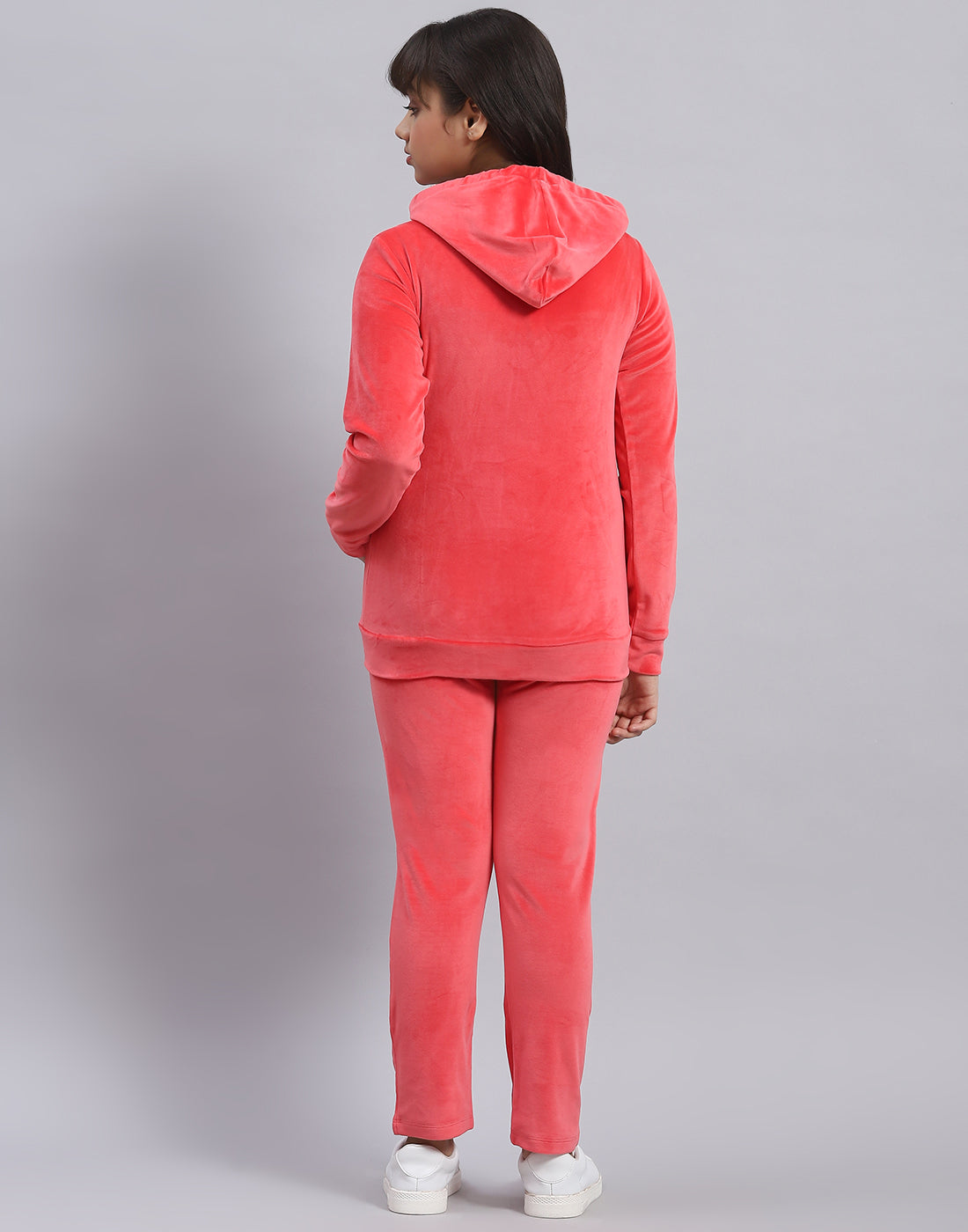 Girls Pink Solid Hooded Full Sleeve Tracksuit