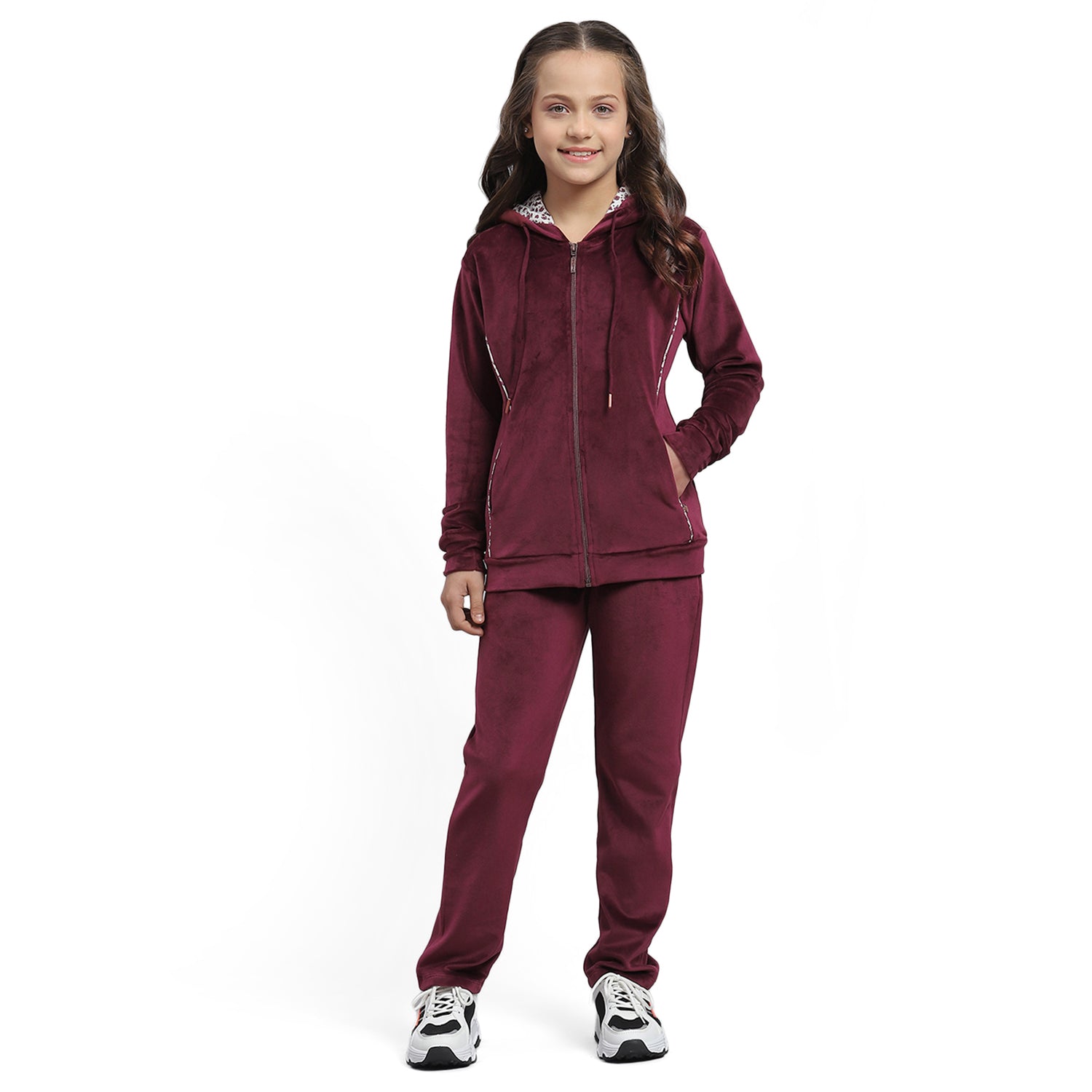 Girls Maroon Solid Hooded Full Sleeve Tracksuit
