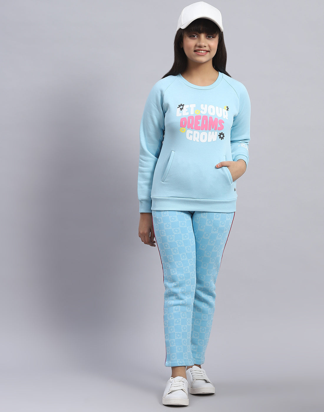 Girls Blue Printed Round Neck Full Sleeve Tracksuit