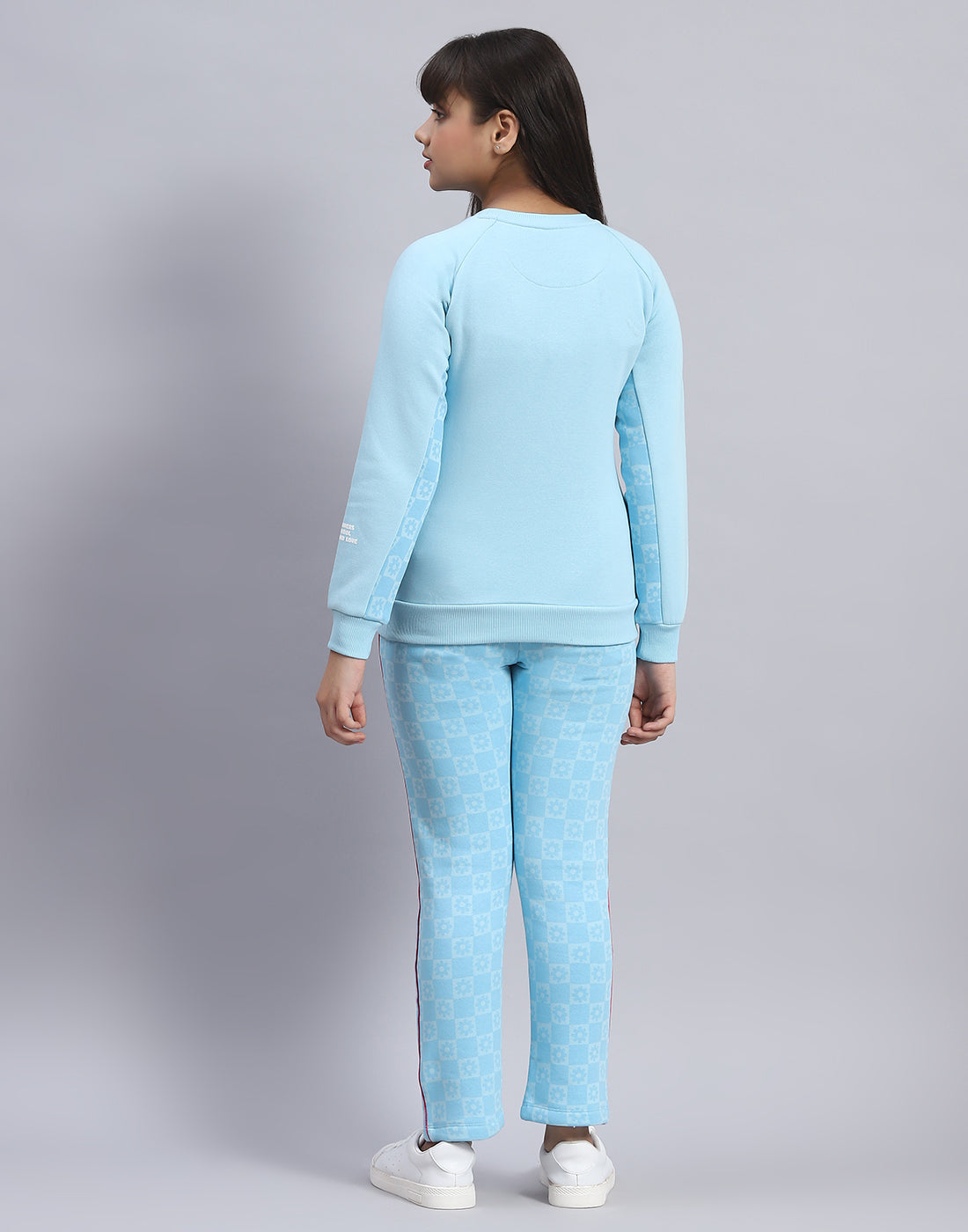 Girls Blue Printed Round Neck Full Sleeve Tracksuit