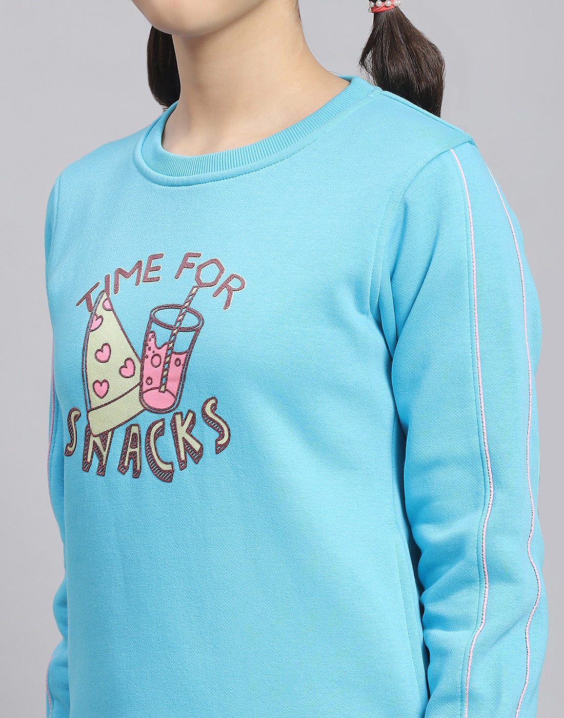 Girls Blue Printed Round Neck Full Sleeve Tracksuit