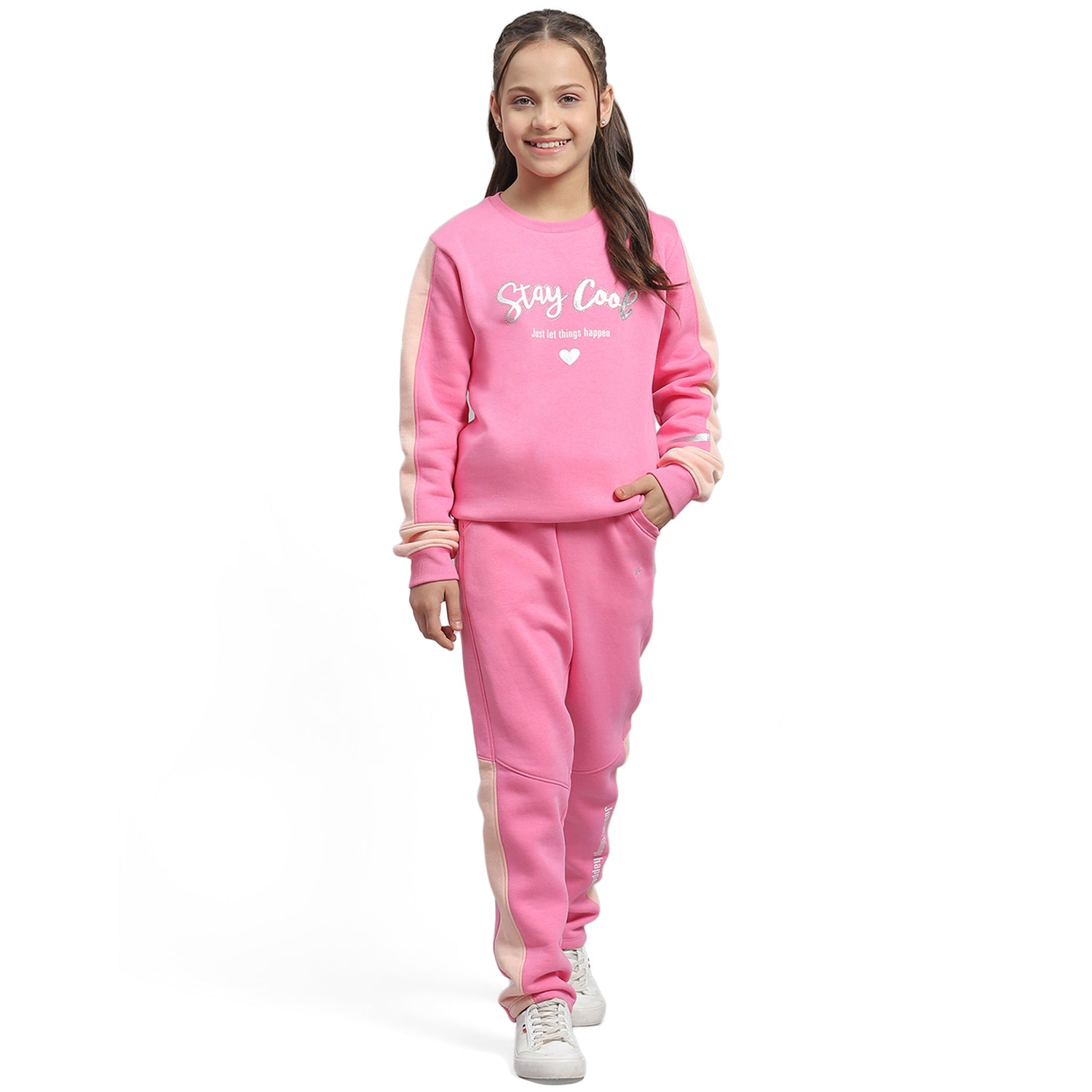 Girls Pink Printed Round Neck Full Sleeve Tracksuit