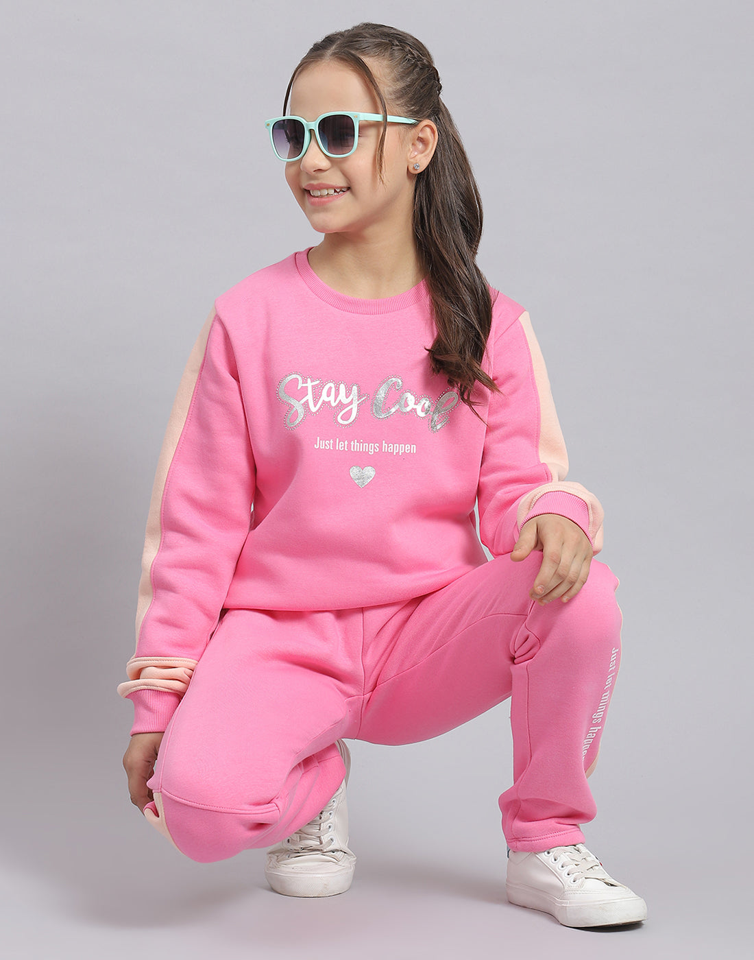 Girls Pink Printed Round Neck Full Sleeve Tracksuit