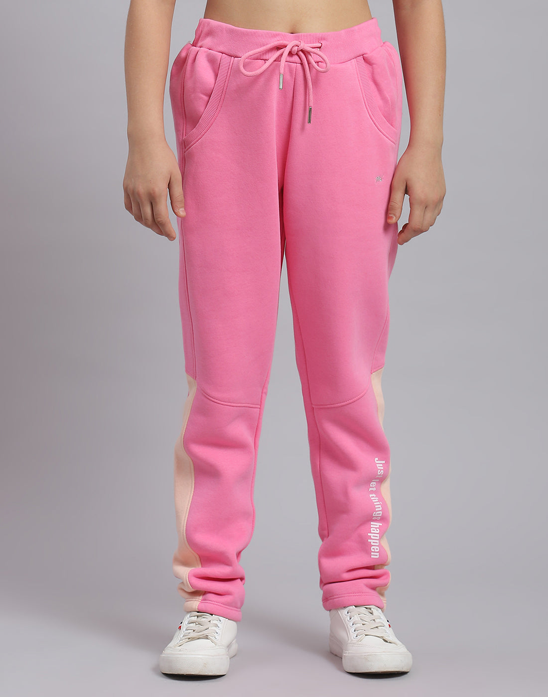 Girls Pink Printed Round Neck Full Sleeve Tracksuit