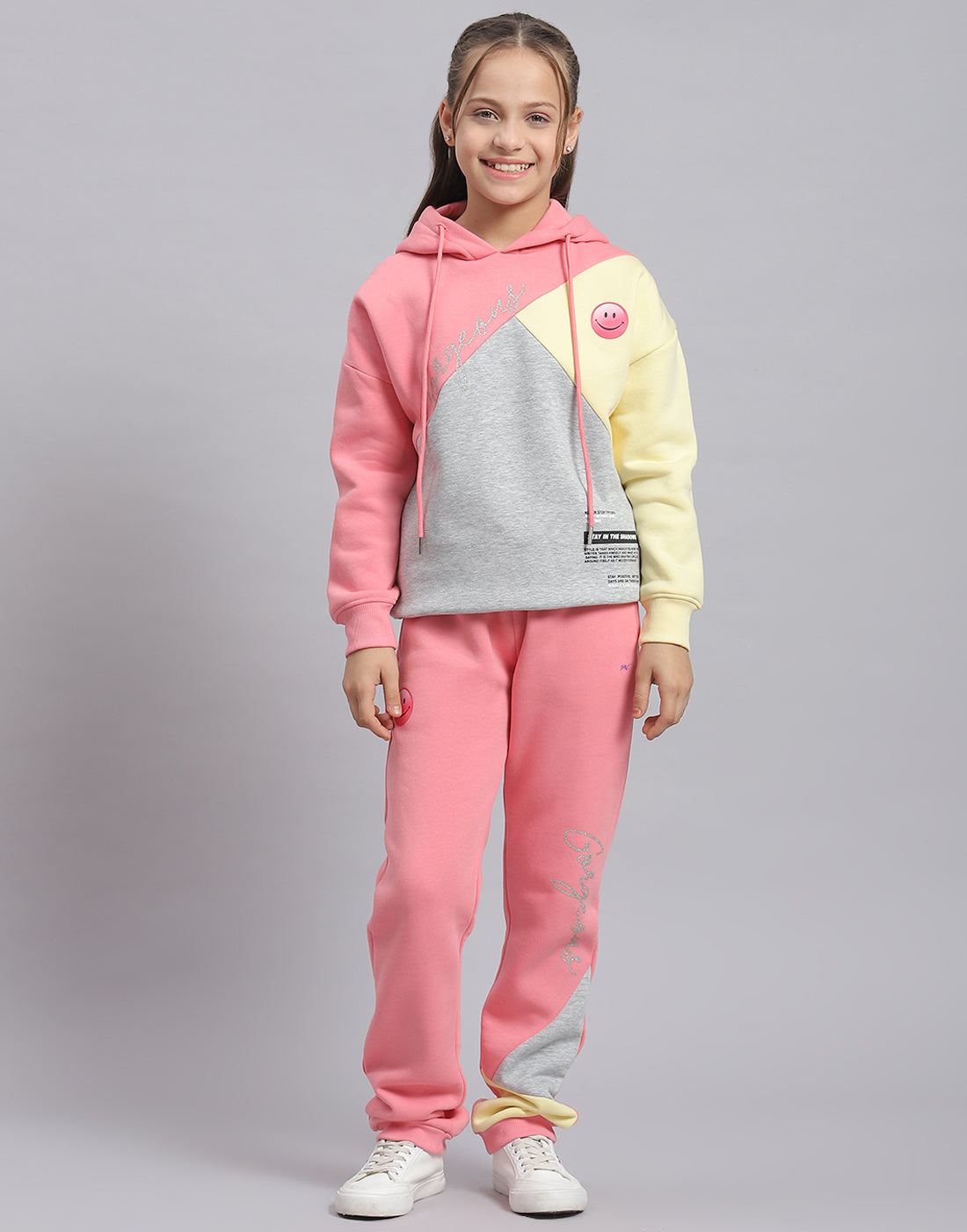 Girls Pink Printed Hooded Full Sleeve Tracksuit