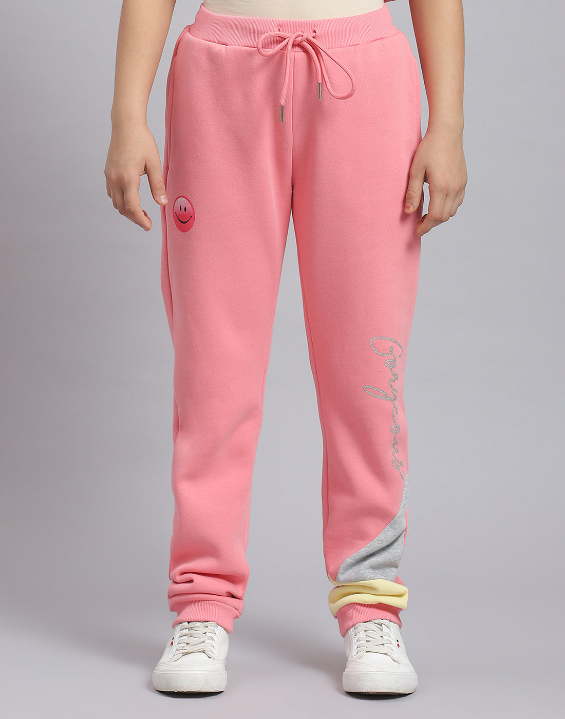 Girls Pink Printed Hooded Full Sleeve Tracksuit