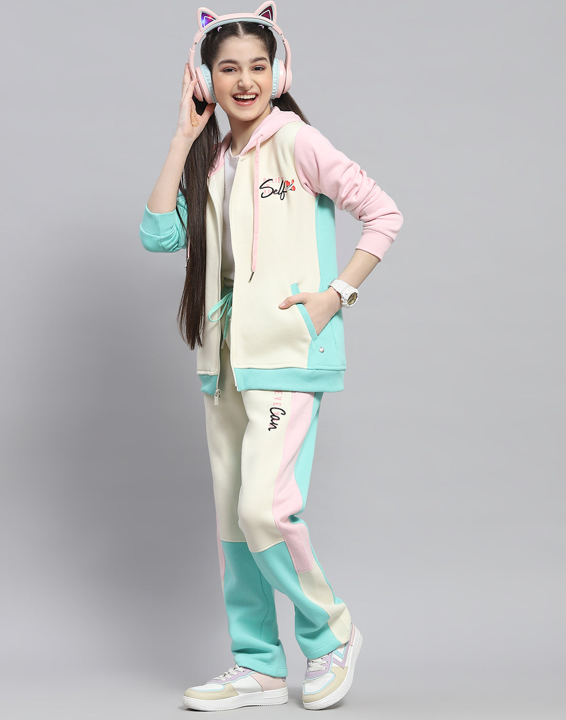 Girls Cream Printed Hooded Full Sleeve Tracksuit - Main Image