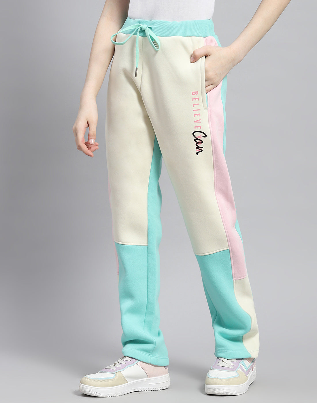Girls Cream Printed Hooded Full Sleeve Tracksuit